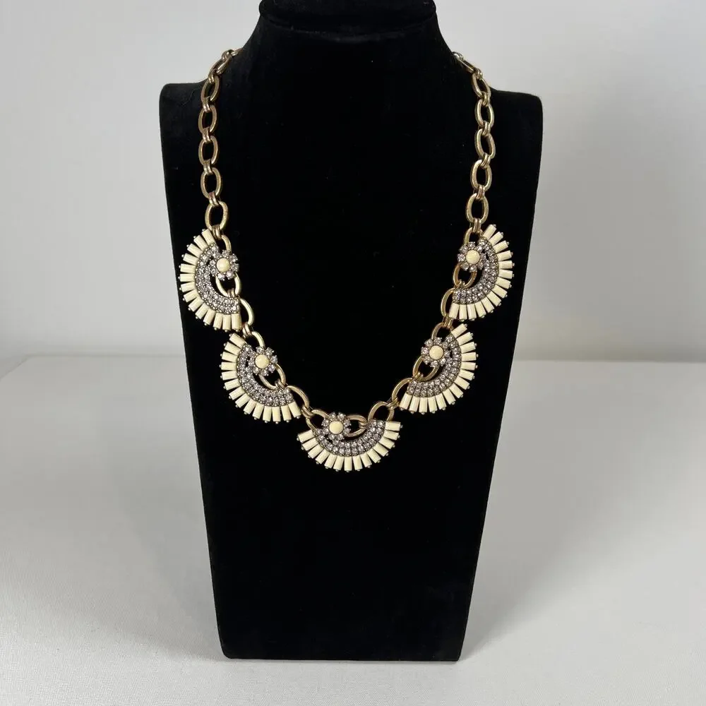 J. Crew‎ Fan Flower Statement Bib Necklace White Ivory Rhinestones Goldtone